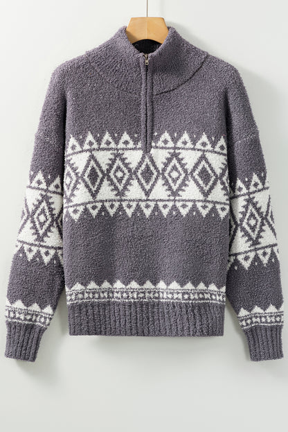 Grauer Pullover mit Viertelreißverschluss und geometrischem Western-Print