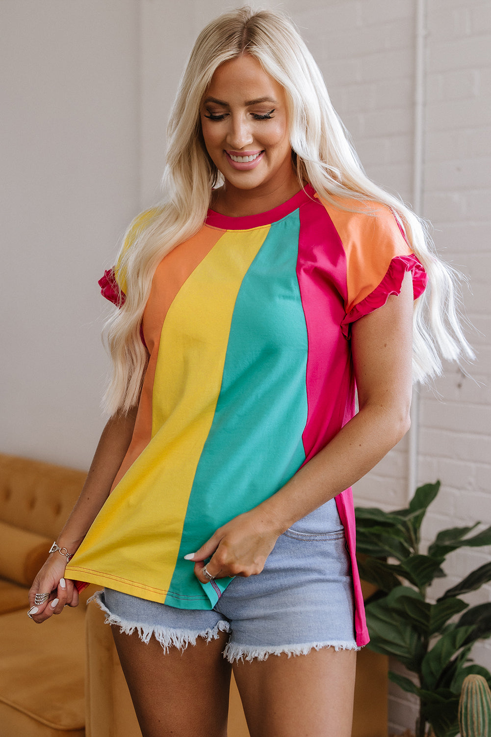 Rosarotes T-Shirt mit Rundhalsausschnitt und lockerer Passform und Farbblock