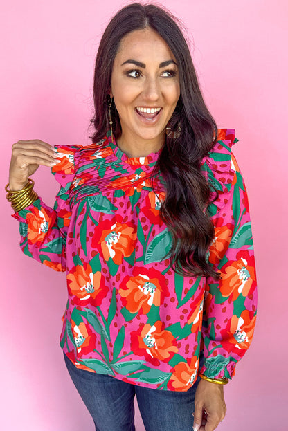 Bluse mit Rundhalsausschnitt und Rosen-Blumendruck und Rüschen