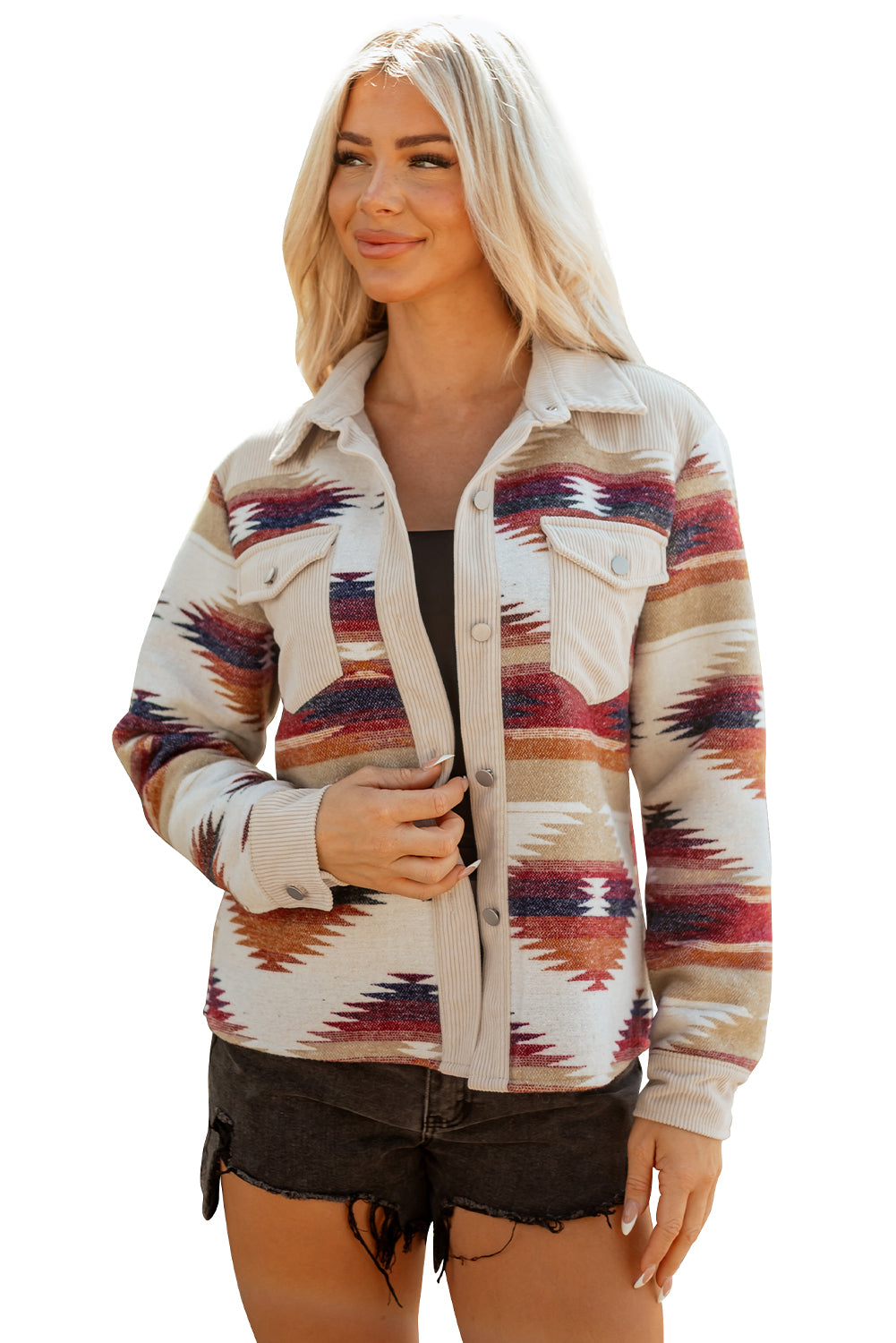 Multicolour Western Aztec Striped Patchwork Double Flap Pocket Raw Hem Shacket