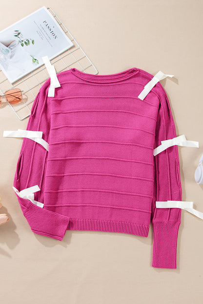 Rosaroter Pullover mit Schleife und Knoten, Rundhalsausschnitt und Cut-Out