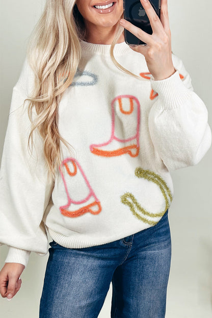 White Tinsel Western Boots Horseshoe Star Knit Crew Neck Sweater