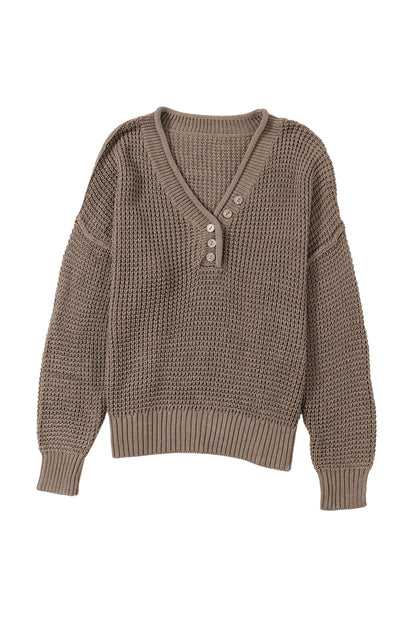 Khakifarbener Pointelle-Strickpullover mit Knöpfen und V-Ausschnitt und überschnittener Schulter
