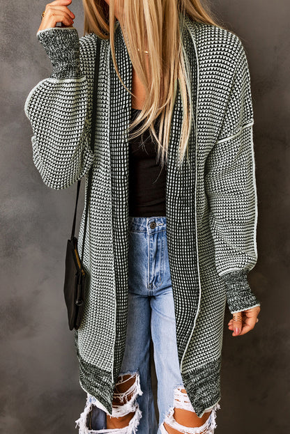 Grau karierte, lange Strickjacke mit offener Vorderseite