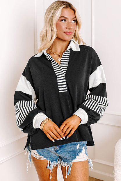 Schwarzes Sweatshirt mit gestreiftem Colorblock-Patchwork-Kragen