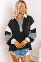 Schwarzes Sweatshirt mit gestreiftem Colorblock-Patchwork-Kragen