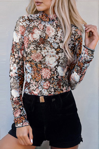 Braune, florale, langärmlige Etui-Bluse aus Netzstoff mit hohem Halsausschnitt