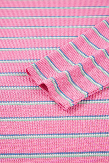 Rose Stripe Textured Knit Round Neck Long Sleeve Top