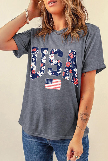 Graues, blühendes T-Shirt mit USA-Flaggen-Print