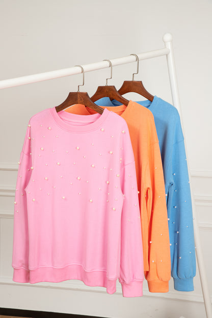 Myosotis Pullover mit Perlenärmeln, überschnittener Schulter und Rundhalsausschnitt