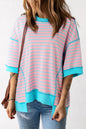 Rosa gestreiftes Oversize-T-Shirt mit Kontrastbesatz und sichtbaren Nähten, High Low