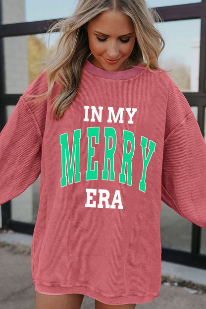 Erdbeerrosa „IN MY MERRY ERA“ Locker geschnittenes Cord-Sweatshirt