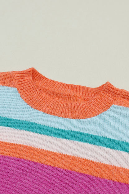 Mehrfarbig gestreifter Strickpullover mit tief angesetzten Schultern und Puffärmeln