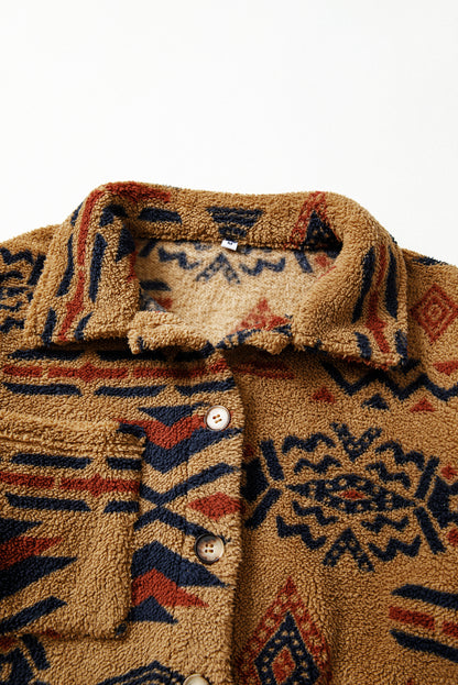 Khaki Western Aztec Pattern Fleece Shacket
