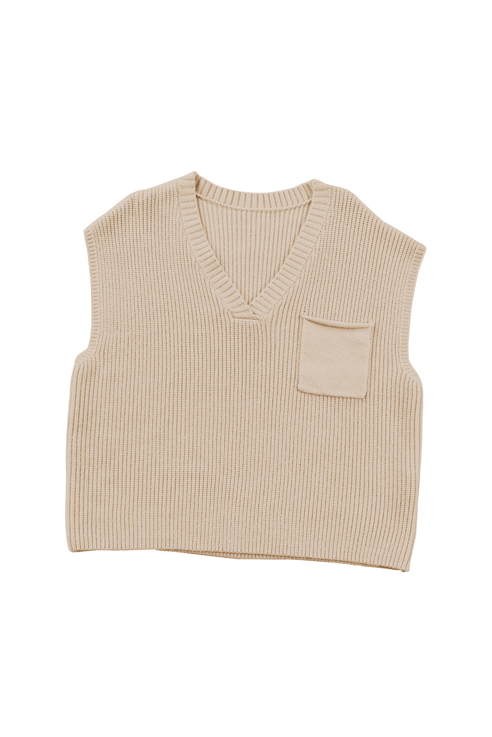 Aprikosenfarbener Pullover mit Brusttasche, V-Ausschnitt, gerippten Flügelärmeln