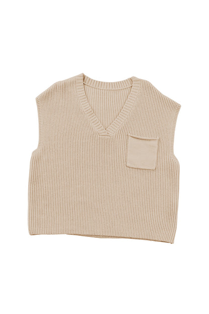 Aprikosenfarbener Pullover mit Brusttasche, V-Ausschnitt, gerippten Flügelärmeln