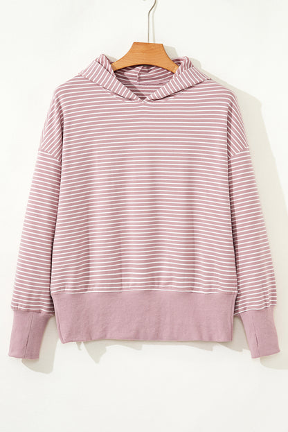 Purple Stripe Thumbhole Side Slits Drop Shoulder Loose Fit Hoodie