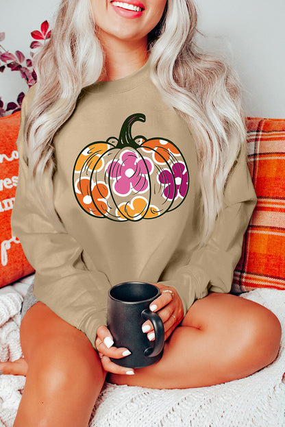 Khakifarbenes Sweatshirt mit Halloween-Blumen-Kürbis-Grafik und überschnittener Schulter