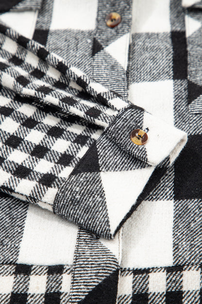 Black Double Plaid Patchwork Drawstring Hooded Shacket