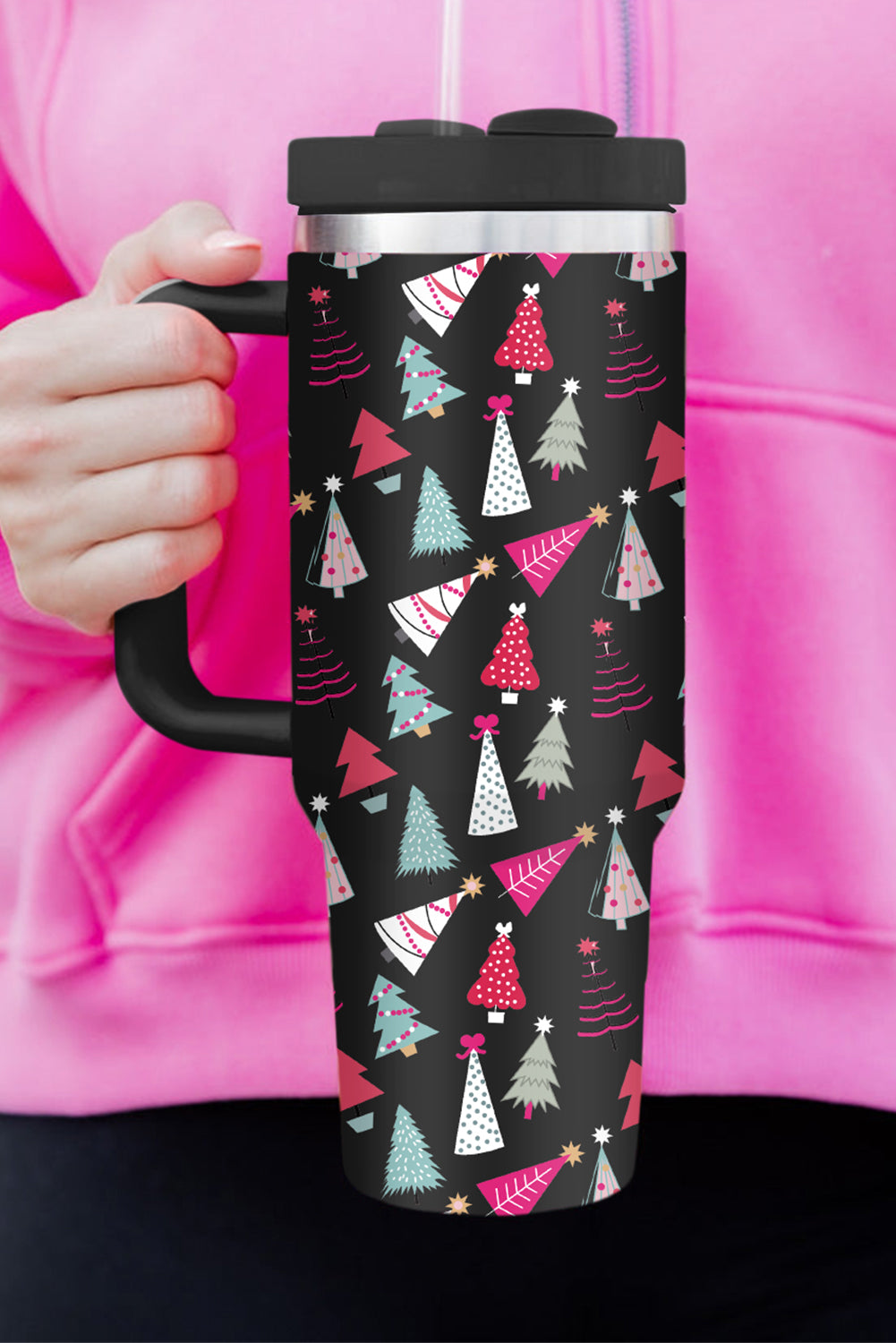 Schwarzer Thermobecher mit Cartoon-Weihnachtsbaum-Aufdruck, 1,2 l