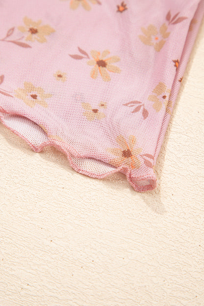 Pink Vintage Floral Print Southern Style Mesh Long Sleeve Top