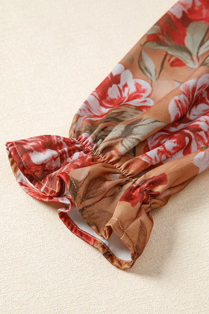 Brown Vintage Floral Print Shirt Style Half Button Long Sleeve Ruffle Mini Dress