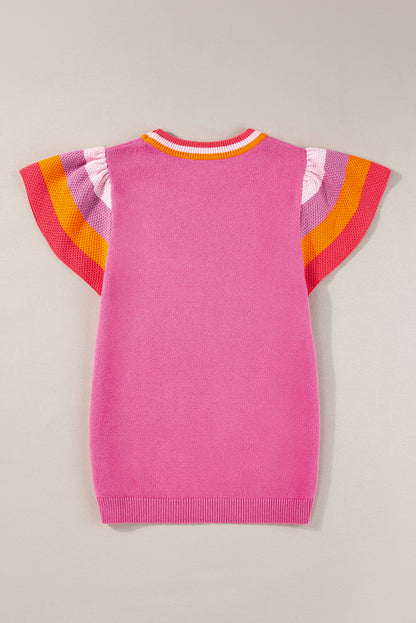 Hellrosa Strickpullover-T-Shirt mit kontrastierenden Flatterärmeln