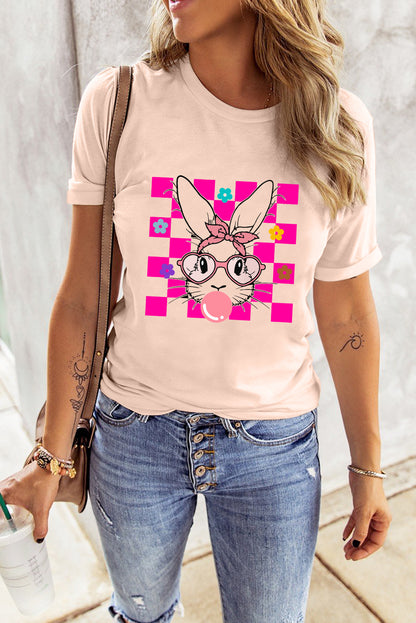 Rosa T-Shirt mit Rundhalsausschnitt und kariertem Osterhasen-Blumendruck