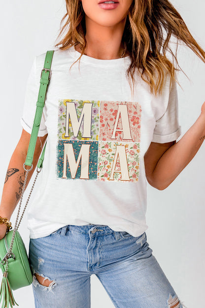 Weißes MAMA Lässiges T-Shirt mit Blumenblockgrafik