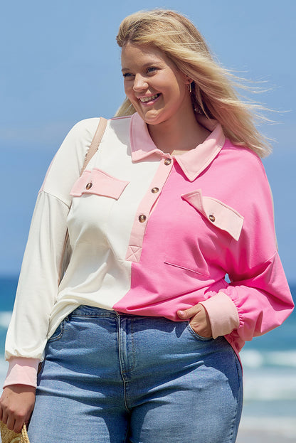 Bonbon Farbblock-Brusttaschen Halbknopf-Sweatshirt in Übergröße