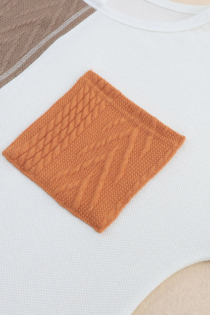 Oranges, langärmliges, strukturiertes Strickoberteil mit Colorblock-Brusttasche