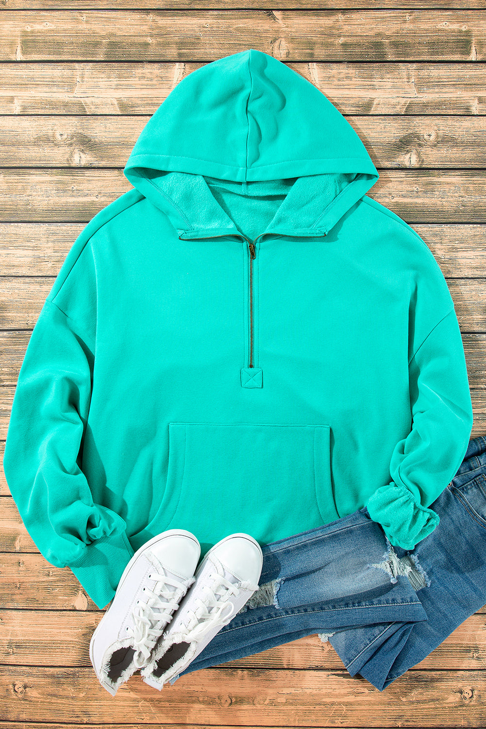 Aruba Blauer, lockerer Hoodie mit Fleecefutter und Kängurutaschen mit halbem Reißverschluss