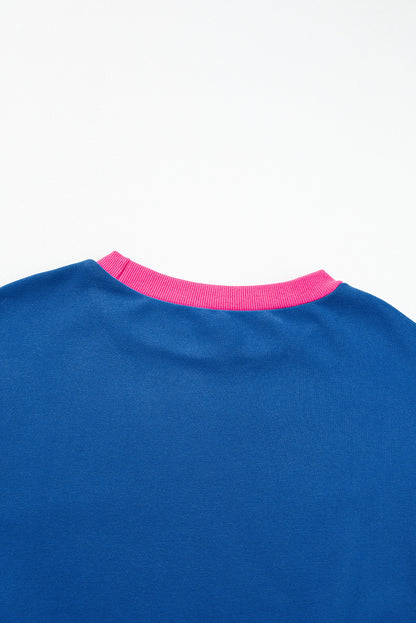 Blaues Sweatshirt mit Farbblock-Muster und Puffärmeln