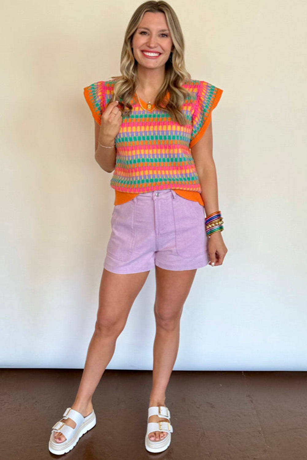 Orangefarbenes, mehrfarbiges Strickpullover-Oberteil mit Flatterärmeln