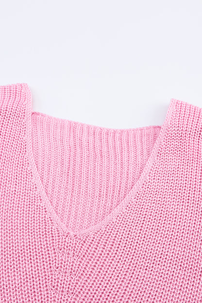 Rosa Rippstrickpullover mit V-Ausschnitt