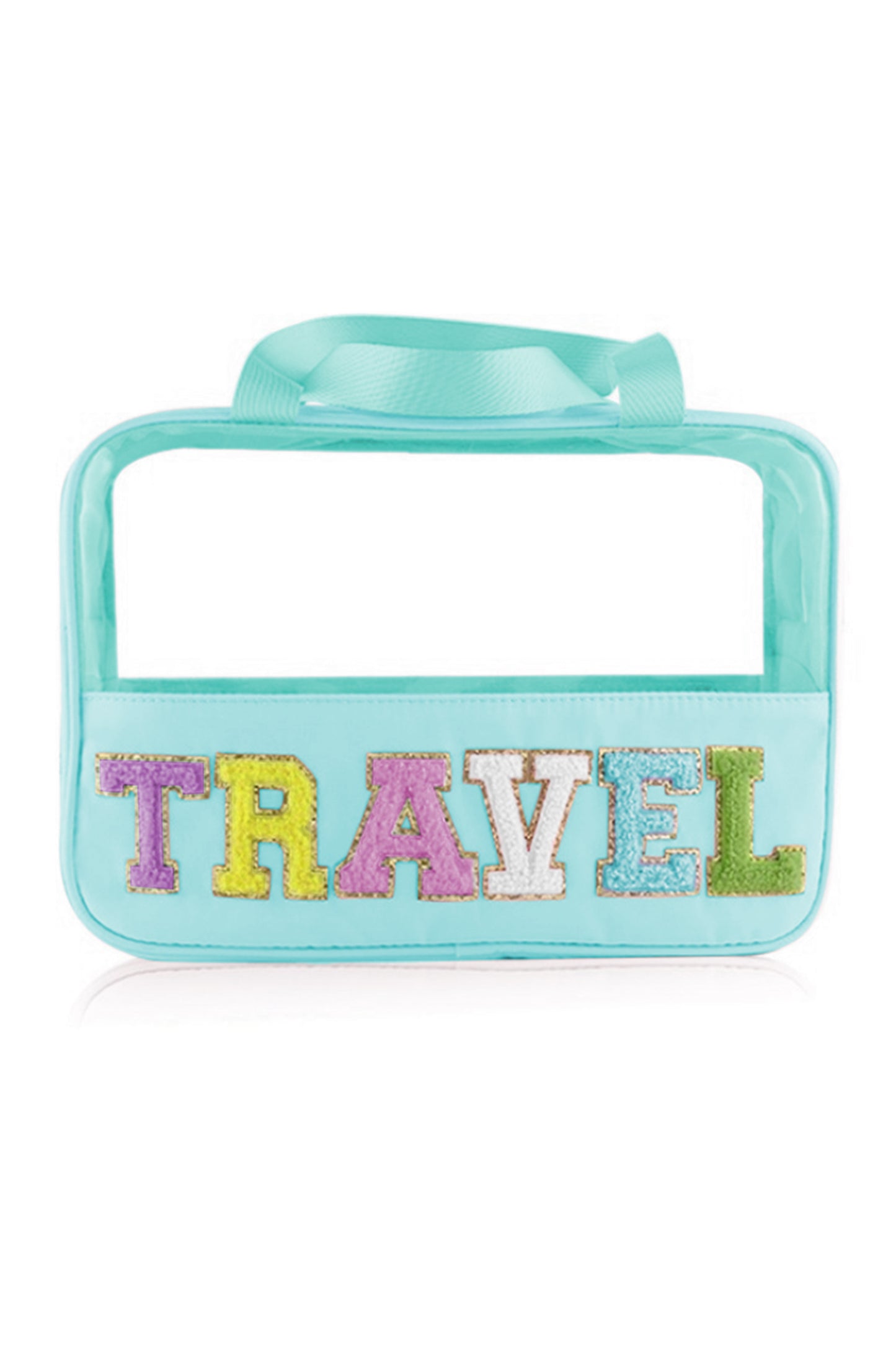 Mintgrüne Kosmetiktasche „TRAVEL“ aus Chenille mit Buchstaben, transparent, PVC