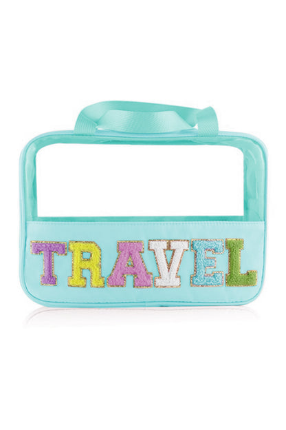 Mintgrüne Kosmetiktasche „TRAVEL“ aus Chenille mit Buchstaben, transparent, PVC