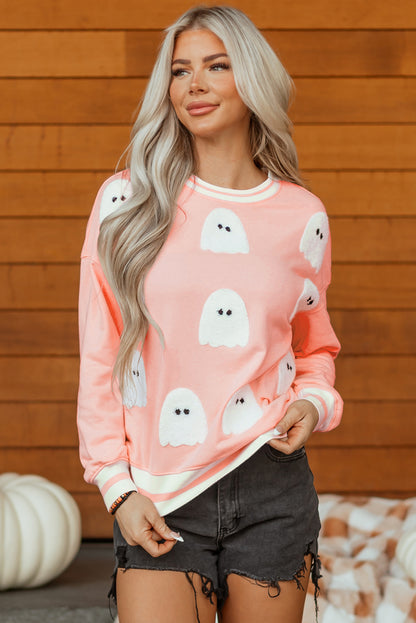 Gossamer Pink Halloween Terry Ghost Striped Trim Loose Sweatshirt