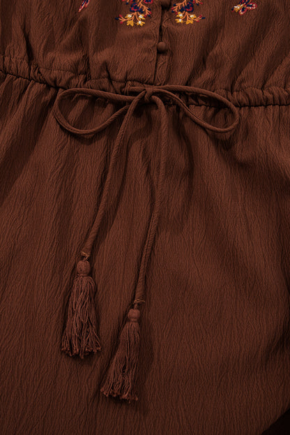 Burgundy Floral Embroidered Tassel Tie Waist Long Sleeve Mini Dress