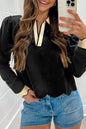 Black Scallop Trim Color Block Long Sleeve Collared Top