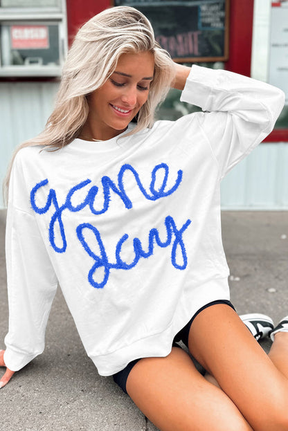 Weißes Lametta-Sweatshirt mit Game Day-Grafik und überschnittener Schulter