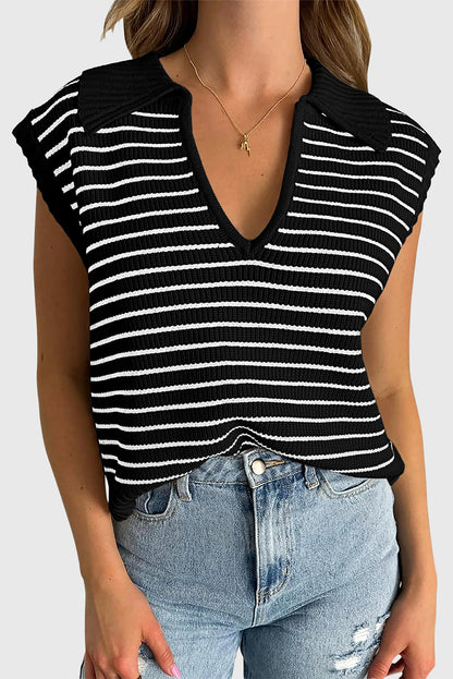 Schwarzes, gestreiftes Umlege-Tanktop mit V-Ausschnitt