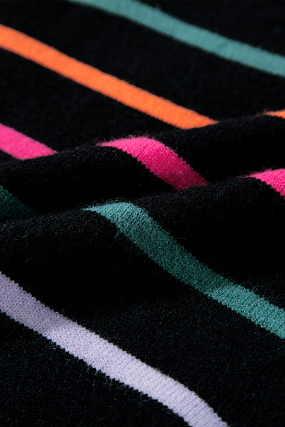 Schwarzer Pullover mit bunten Streifen und Rippenbesatz