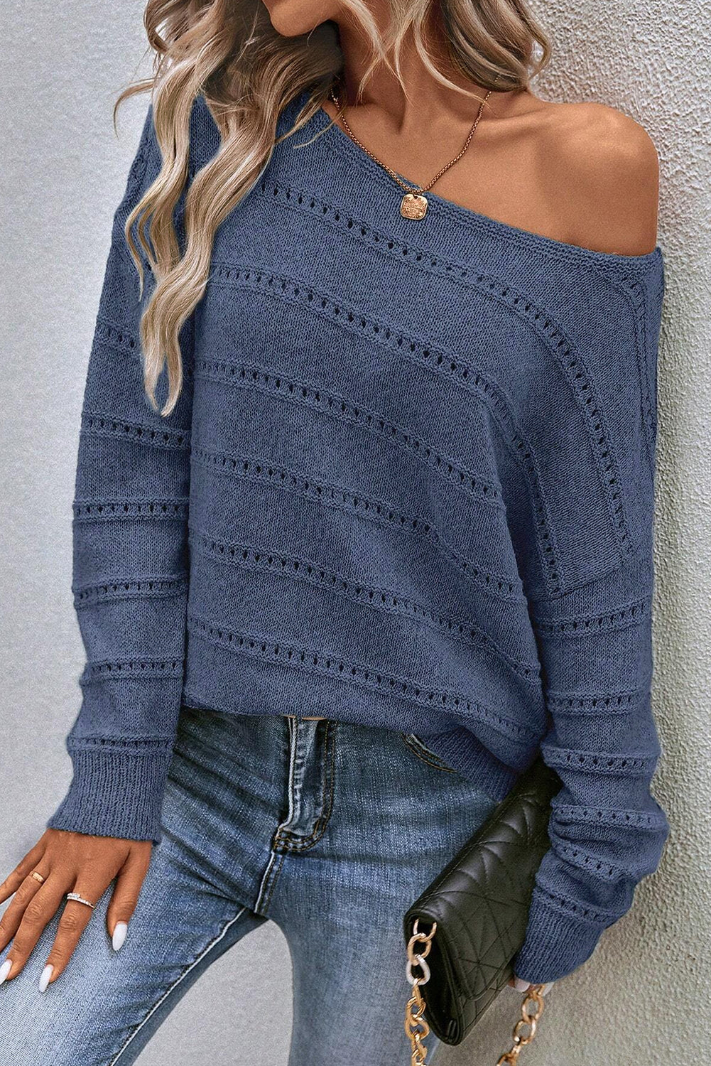 Echter blaugrüner Pointelle-Strickpullover mit U-Boot-Ausschnitt und überschnittener Schulter