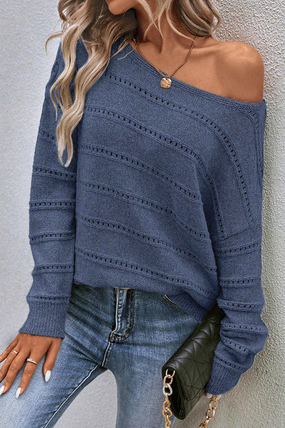 Echter blaugrüner Pointelle-Strickpullover mit U-Boot-Ausschnitt und überschnittener Schulter
