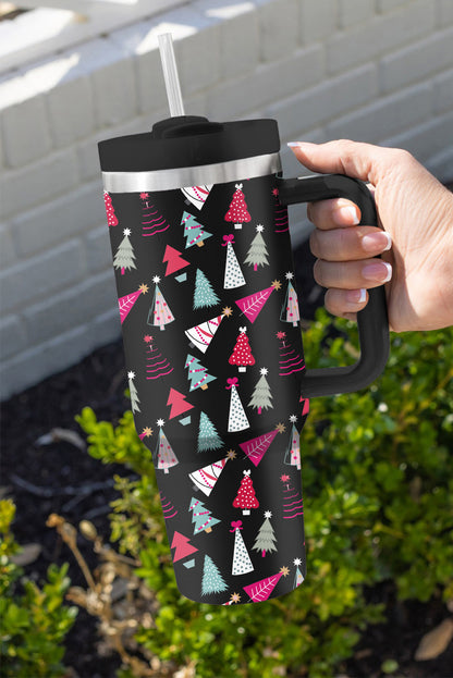 Schwarzer Thermobecher mit Cartoon-Weihnachtsbaum-Aufdruck, 1,2 l