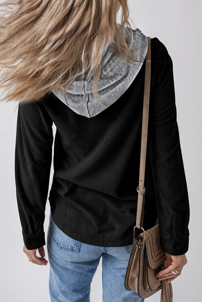Schwarze Cordjacke mit Kapuze, Kordelzug und Taschen