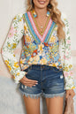 Sky Blue Floral Print Ruffled Long Sleeve Crochet Trim V Neck Blouse