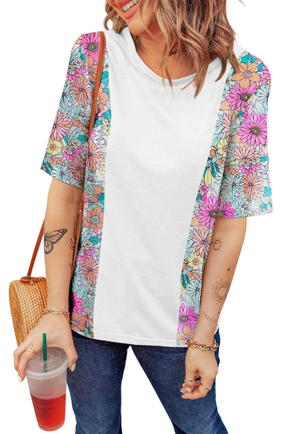Weißes Patchwork-Kurzarm-Top mit Blumenmuster