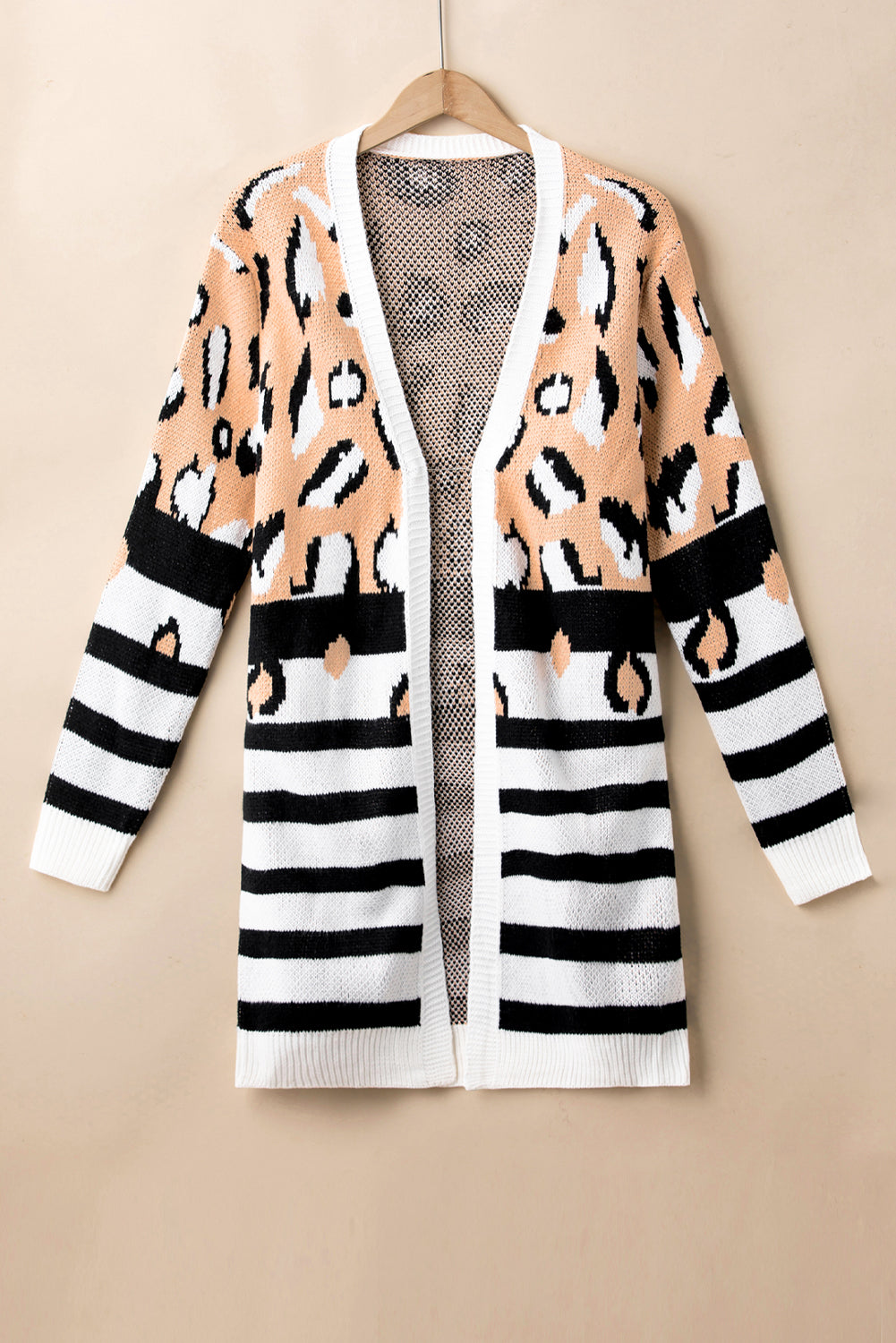 Brown Leopard Striped Mixed Print Open Front Cardigan